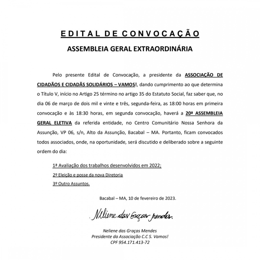 Edital de Convocação para a 20ª Assembleia Geral da Associação Vamos!