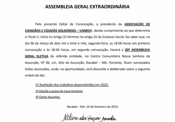 Edital de Convocação para a 20ª Assembleia Geral da Associação Vamos!