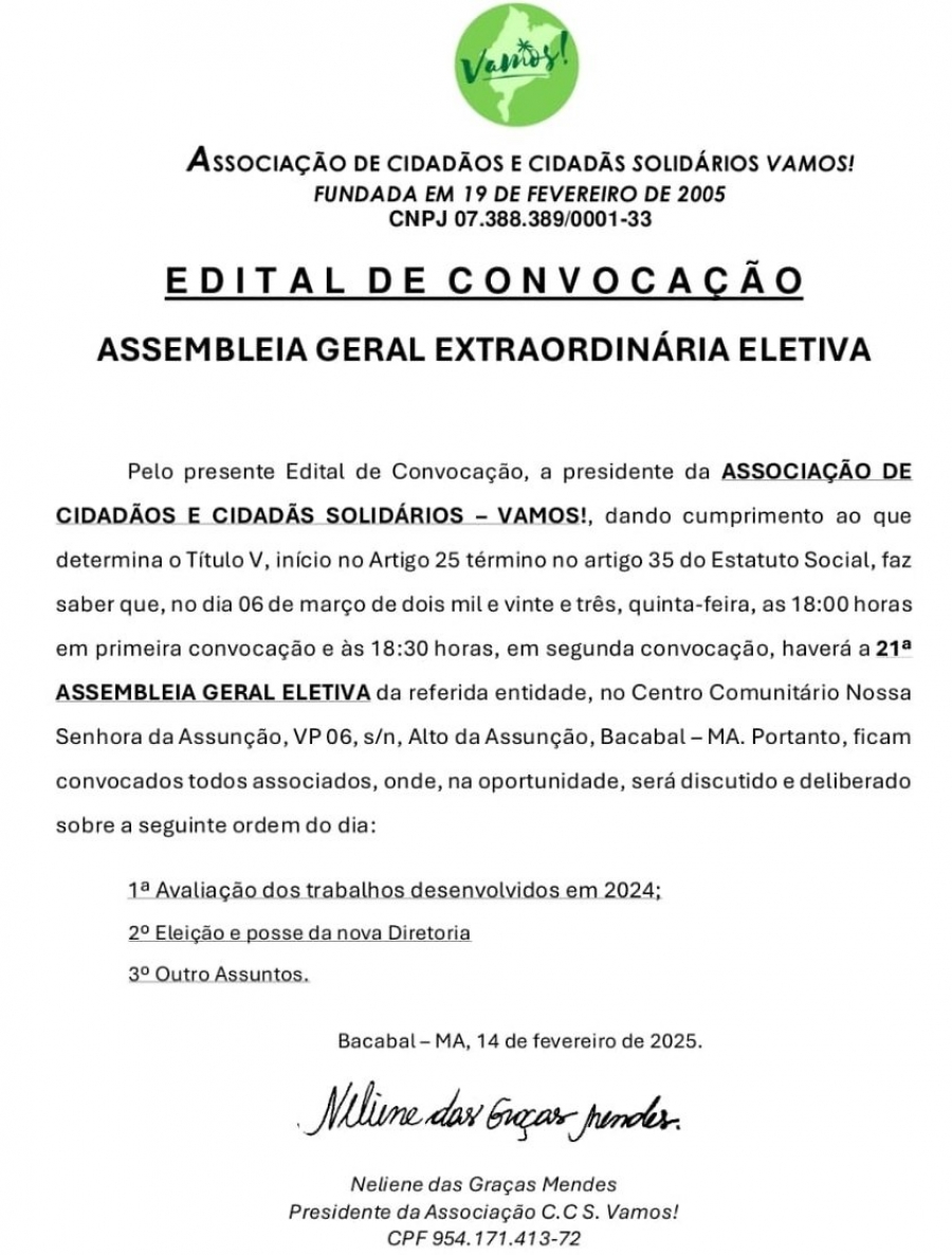 Associação Vamos realizará a 21ª assembleia geral eletiva.