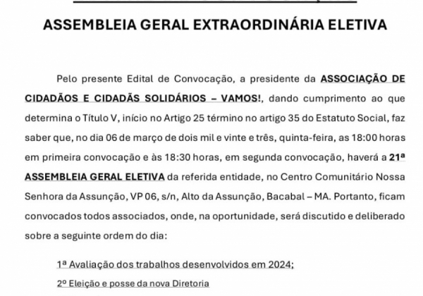 Associação Vamos realizará a 21ª assembleia geral eletiva.